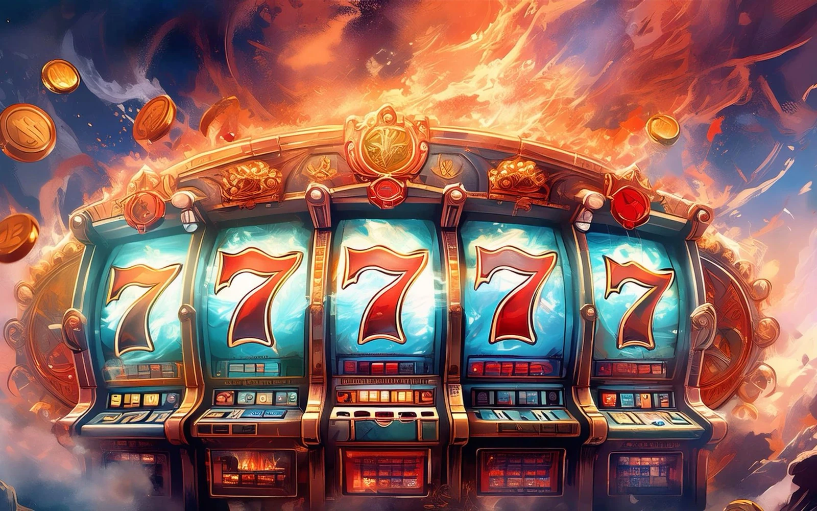 Layar permainan slot dengan reel dan elemen bonus